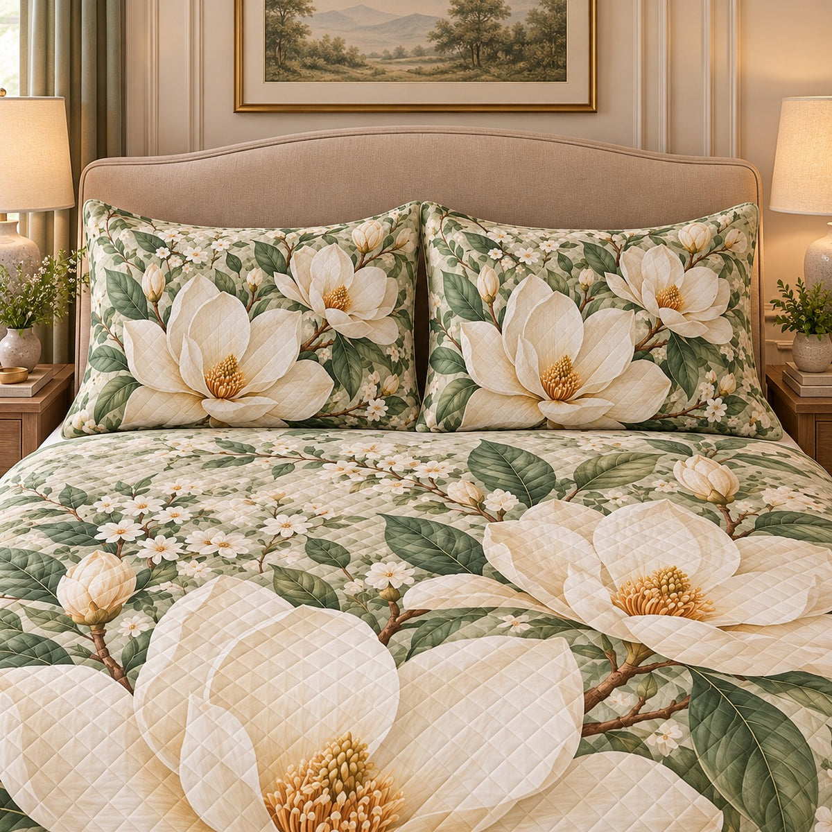Elegant Magnolia Floral Quilt Set mockup 3