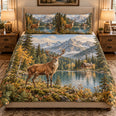 Mountain Lake Deer Quilt Set, Rustic Wildlife Bedding Gift for Nature Lovers
