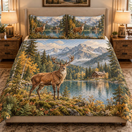 Mountain Lake Deer Quilt Set, Rustic Wildlife Bedding Gift for Nature Lovers