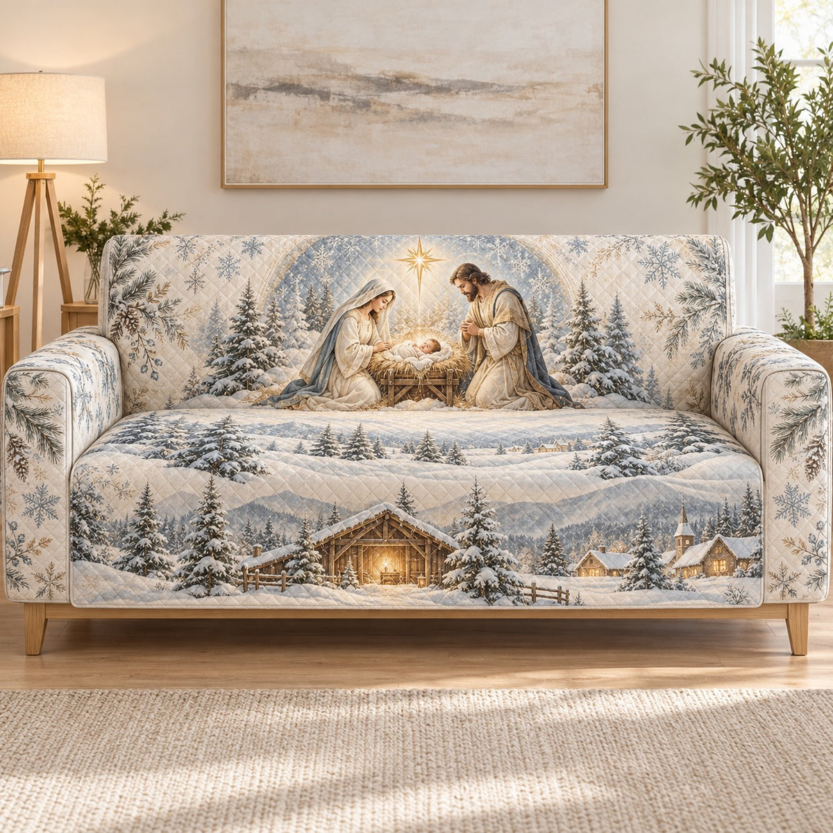 Nativity scene in snowy forest quilted sofa cover on a couch, AI-generated product mockup