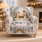 Holy family Nativity winter quilted sofa cover on an armchair, AI-generated product mockup