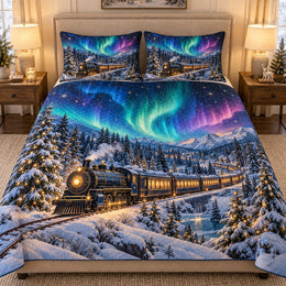 Northern Lights Train Quilt Set, Winter Railway Bedding Gift