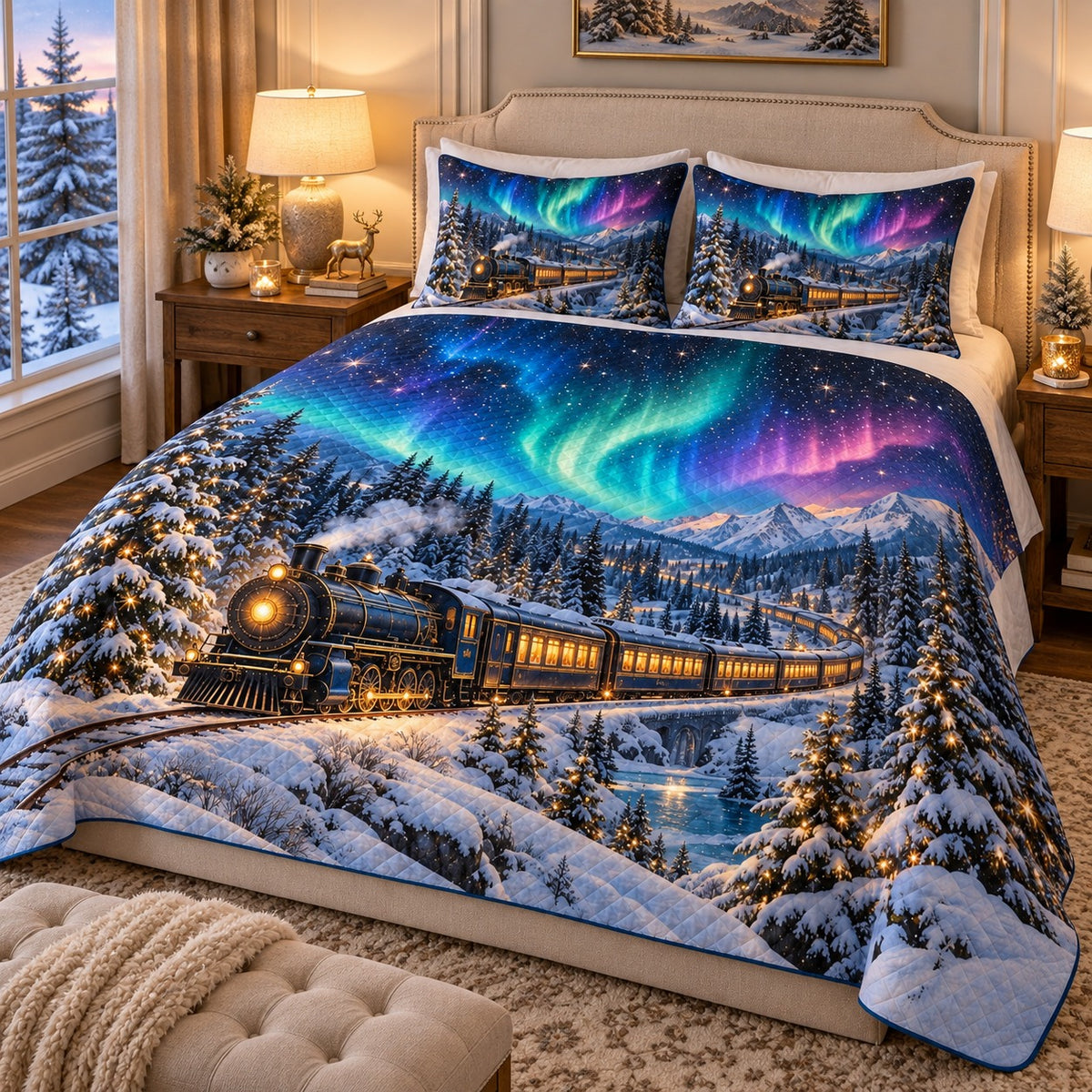 Northern Lights Train Quilt Set mockup 2