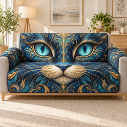 Ornate Cat Face Sofa Cover, Blue Gold Couch Protector Gift for Cat Lovers