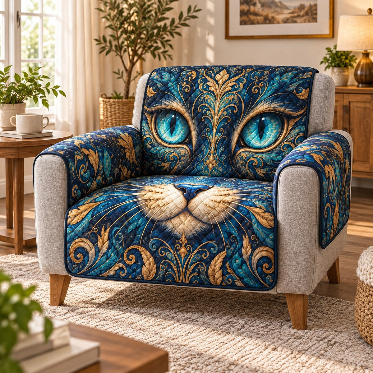 Ornate blue and gold cat face quilted sofa cover on an armchair, AI-generated product mockup