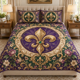 Ornate Floral Fleur-de-Lis Quilt Set, French Heritage Bedding Gift