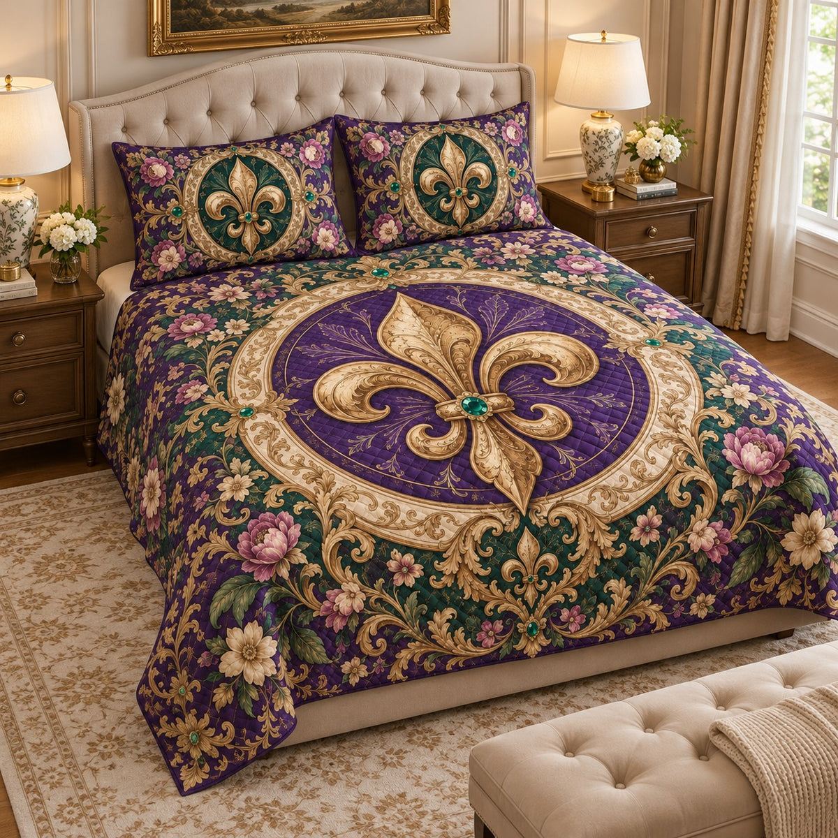 Ornate Floral Fleur-de-Lis Quilt Set mockup 2