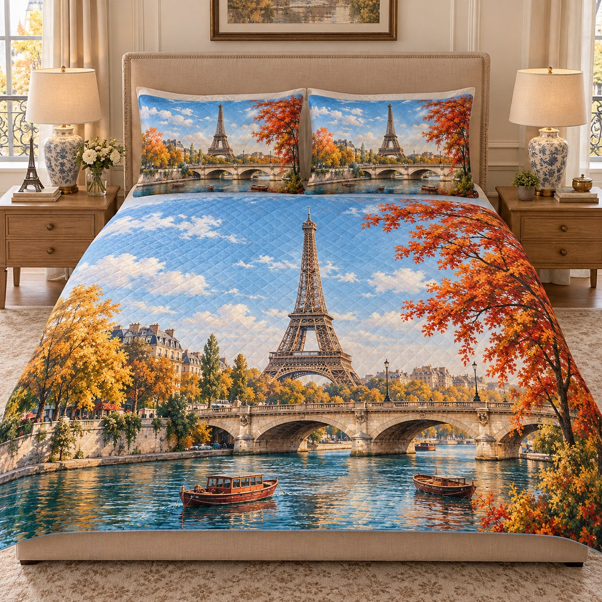 Paris Eiffel Tower Autumn Quilt Set mockup 1