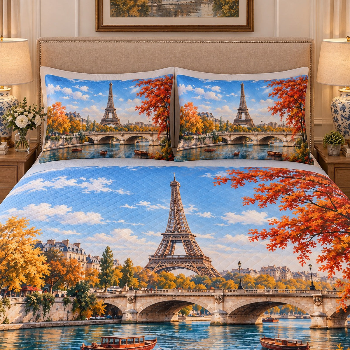 Paris Eiffel Tower Autumn Quilt Set mockup 3