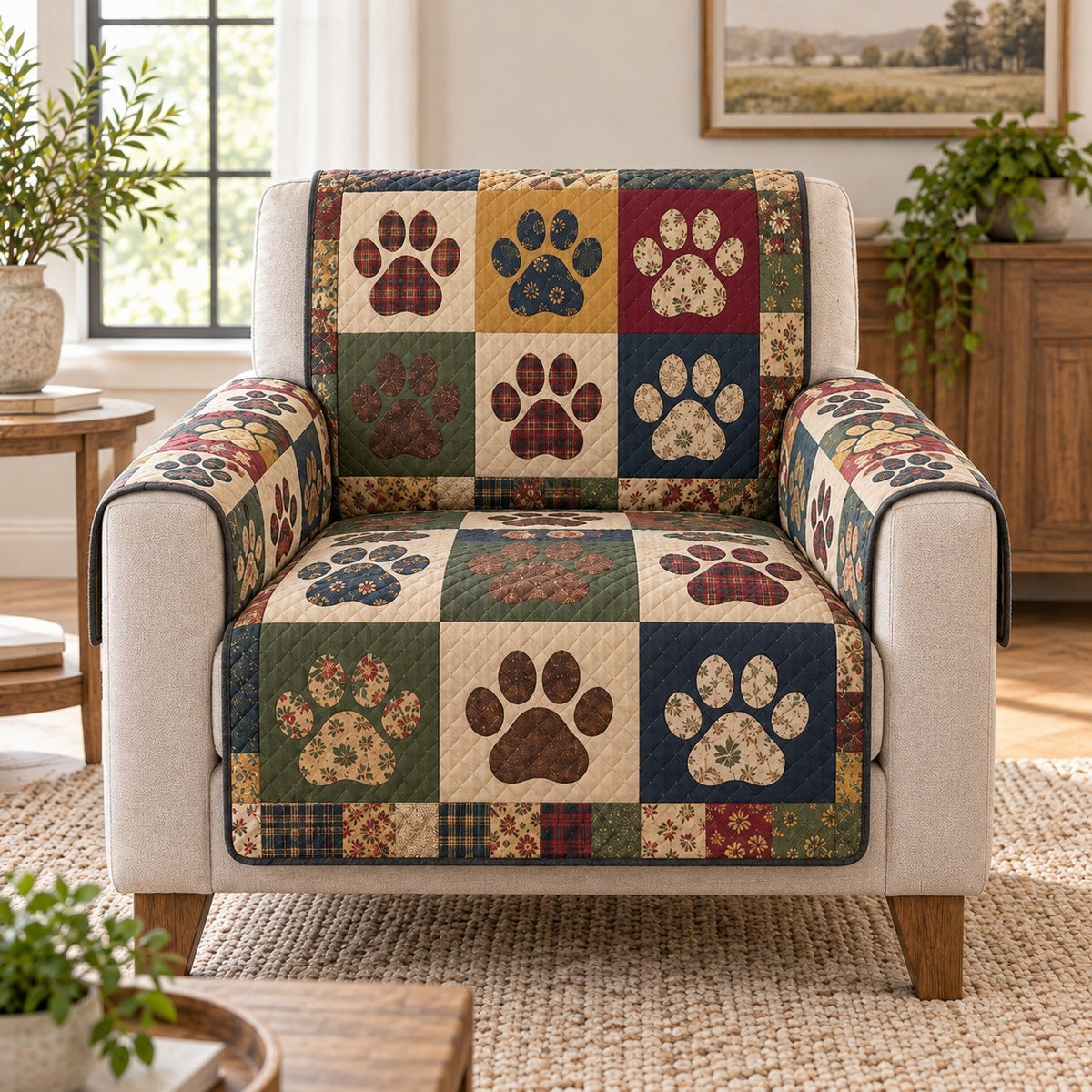 Paw Print Patchwork Sofa Cover mockup 2