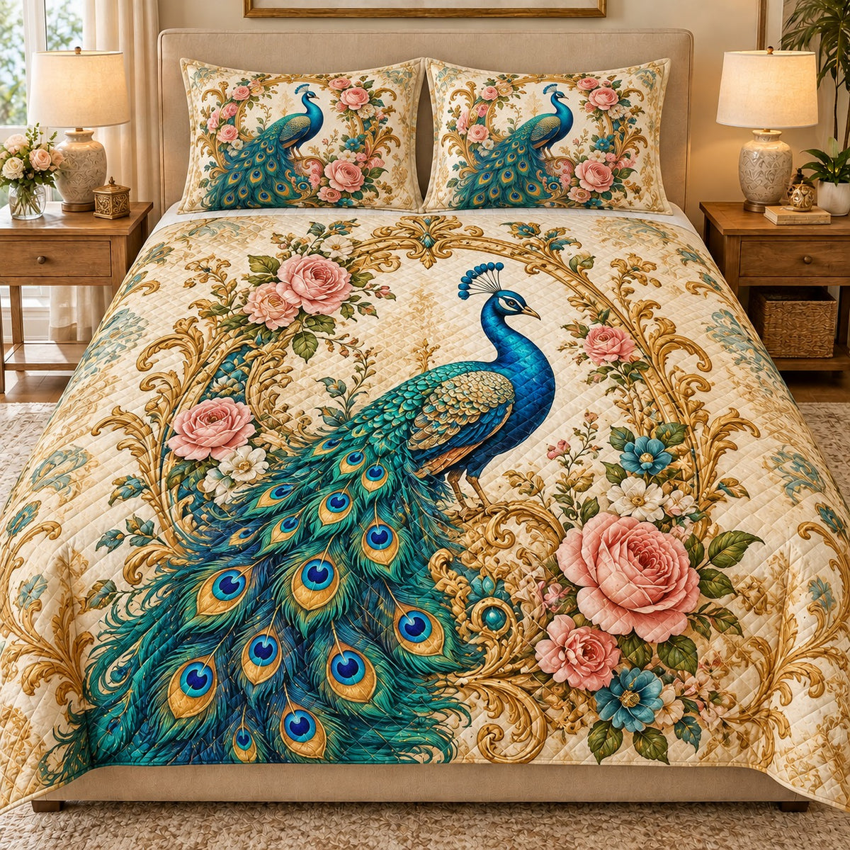 Peacock Rose Garden Quilt Set mockup 1