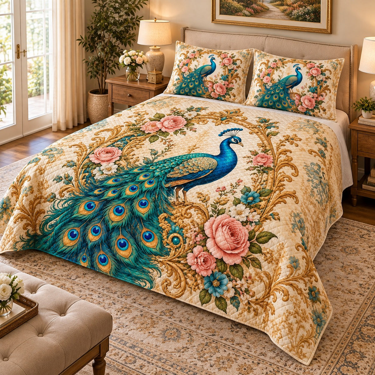 Peacock Rose Garden Quilt Set mockup 2