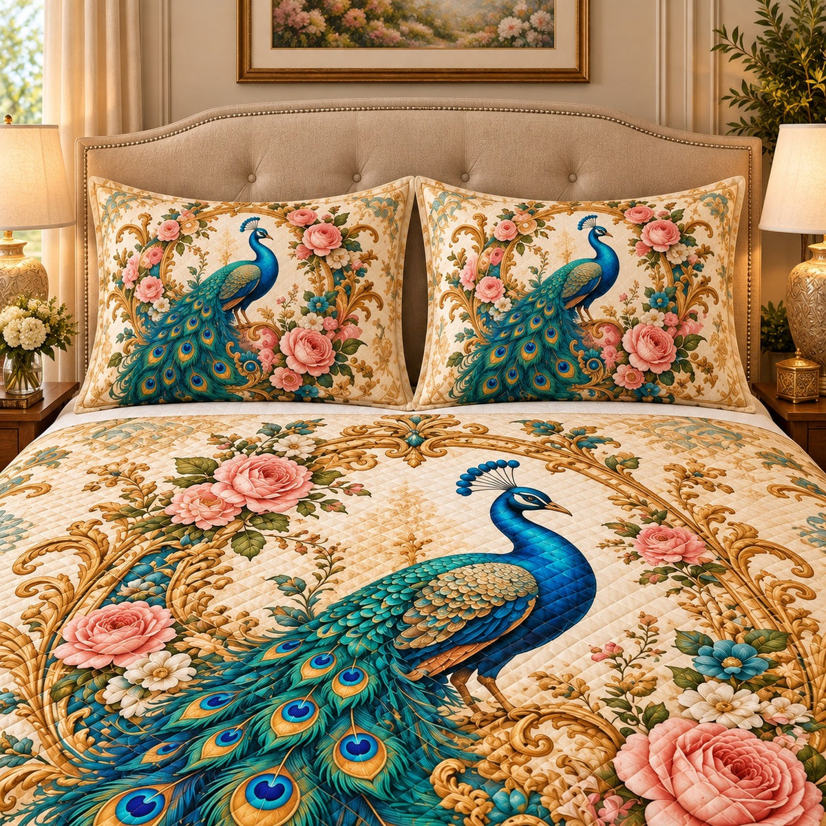 Peacock Rose Garden Quilt Set mockup 3