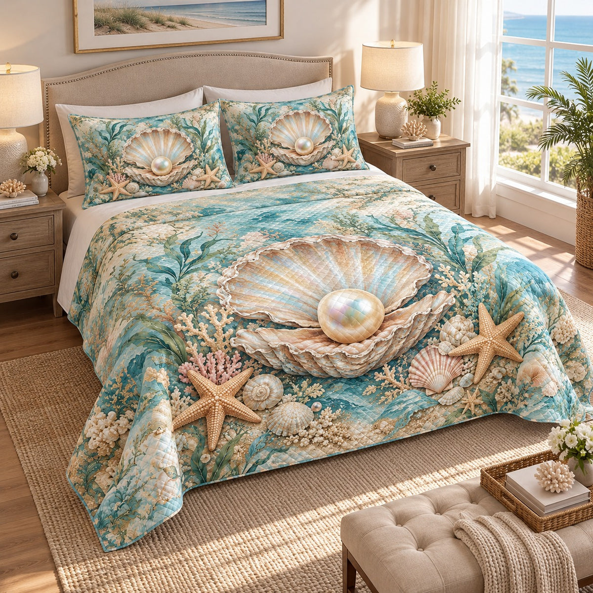 Coastal Pearl Seashell Quilt Set mockup 2