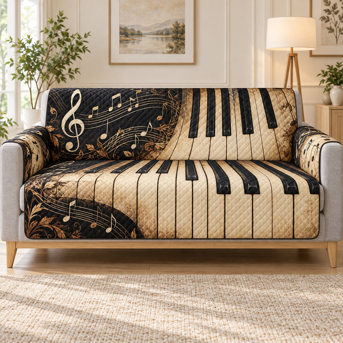 Piano keys and golden musical notes quilted sofa cover on a couch, AI-generated product mockup