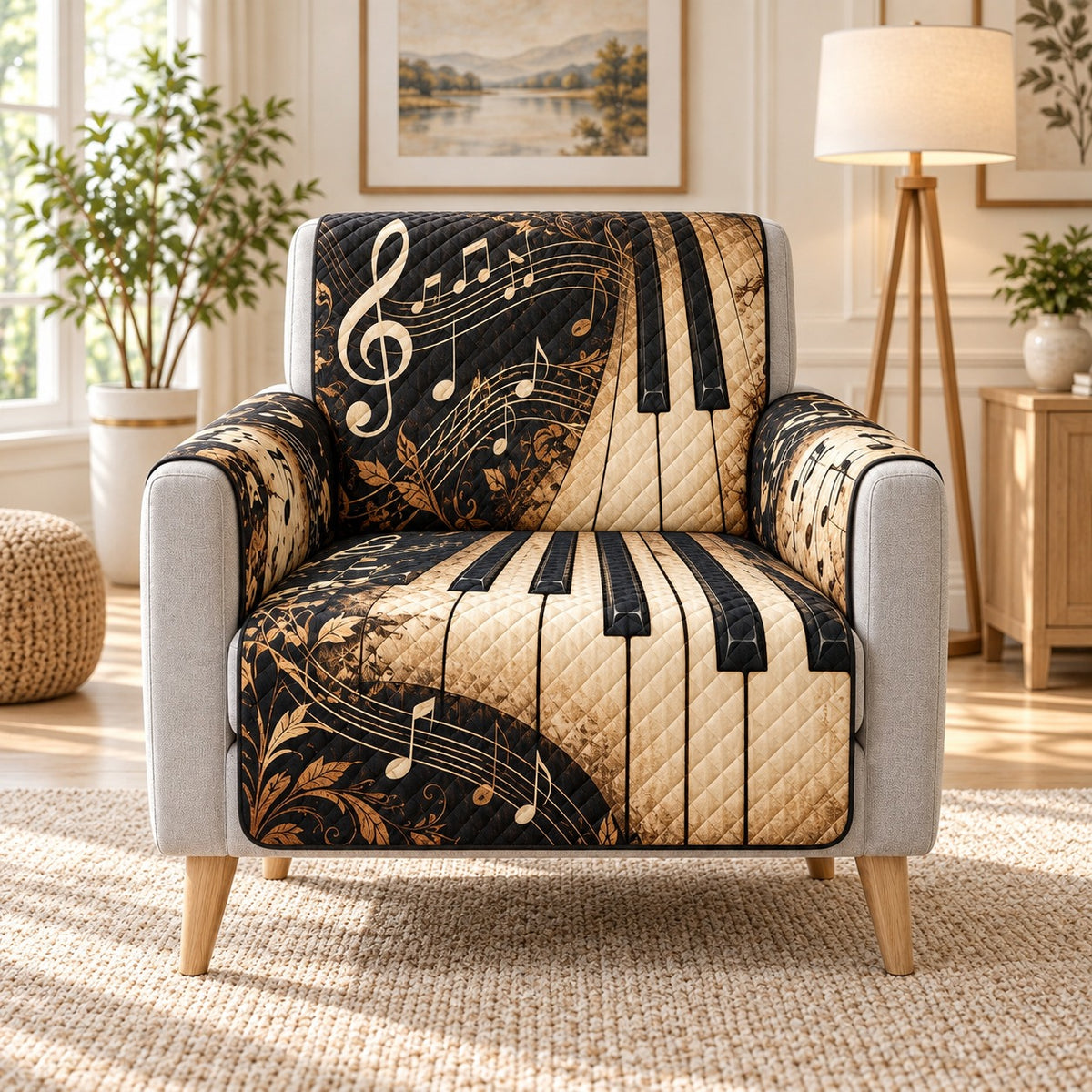 Piano keys and golden musical notes quilted sofa cover on an armchair, AI-generated product mockup