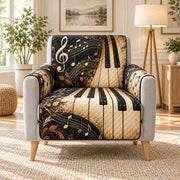 Piano keys and golden musical notes quilted sofa cover on an armchair, AI-generated product mockup