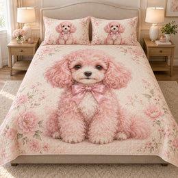 Pink Poodle Floral Quilt Set, Cute Dog Bedding Gift for Poodle Lovers