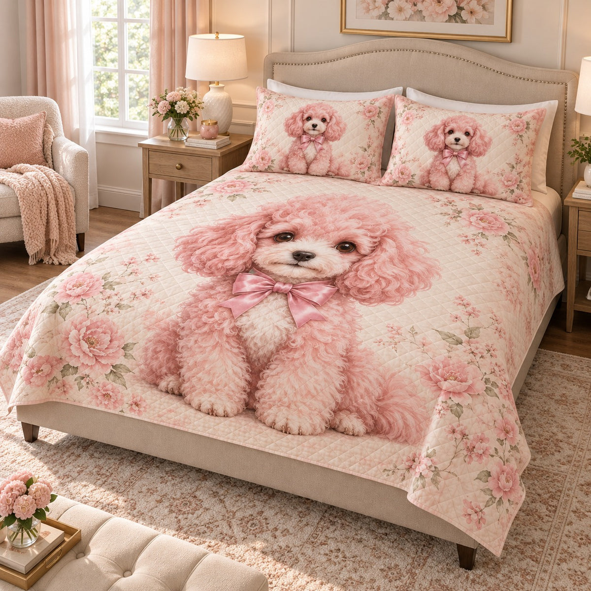 Pink Poodle Floral Quilt Set mockup 2