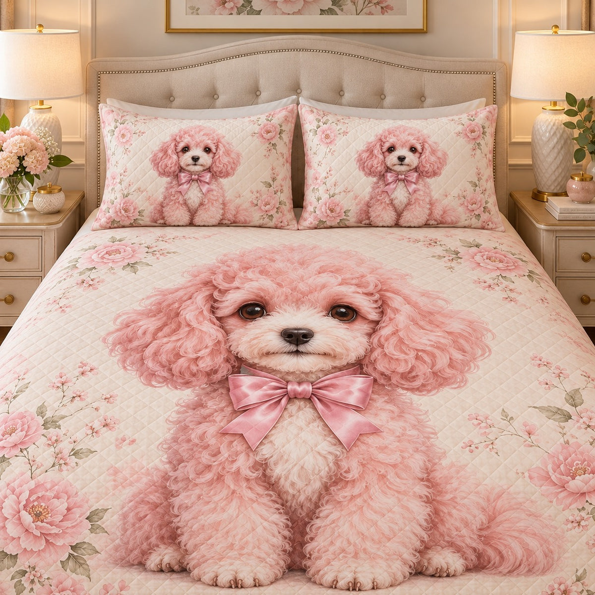 Pink Poodle Floral Quilt Set mockup 3