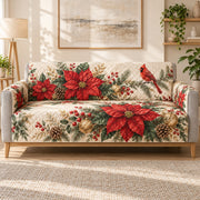 Poinsettia cardinal and pine cone Christmas quilted sofa cover on a couch, AI-generated product mockup