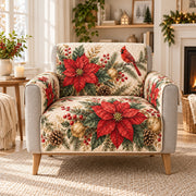 Red poinsettia and cardinal Christmas quilted sofa cover on an armchair, AI-generated product mockup
