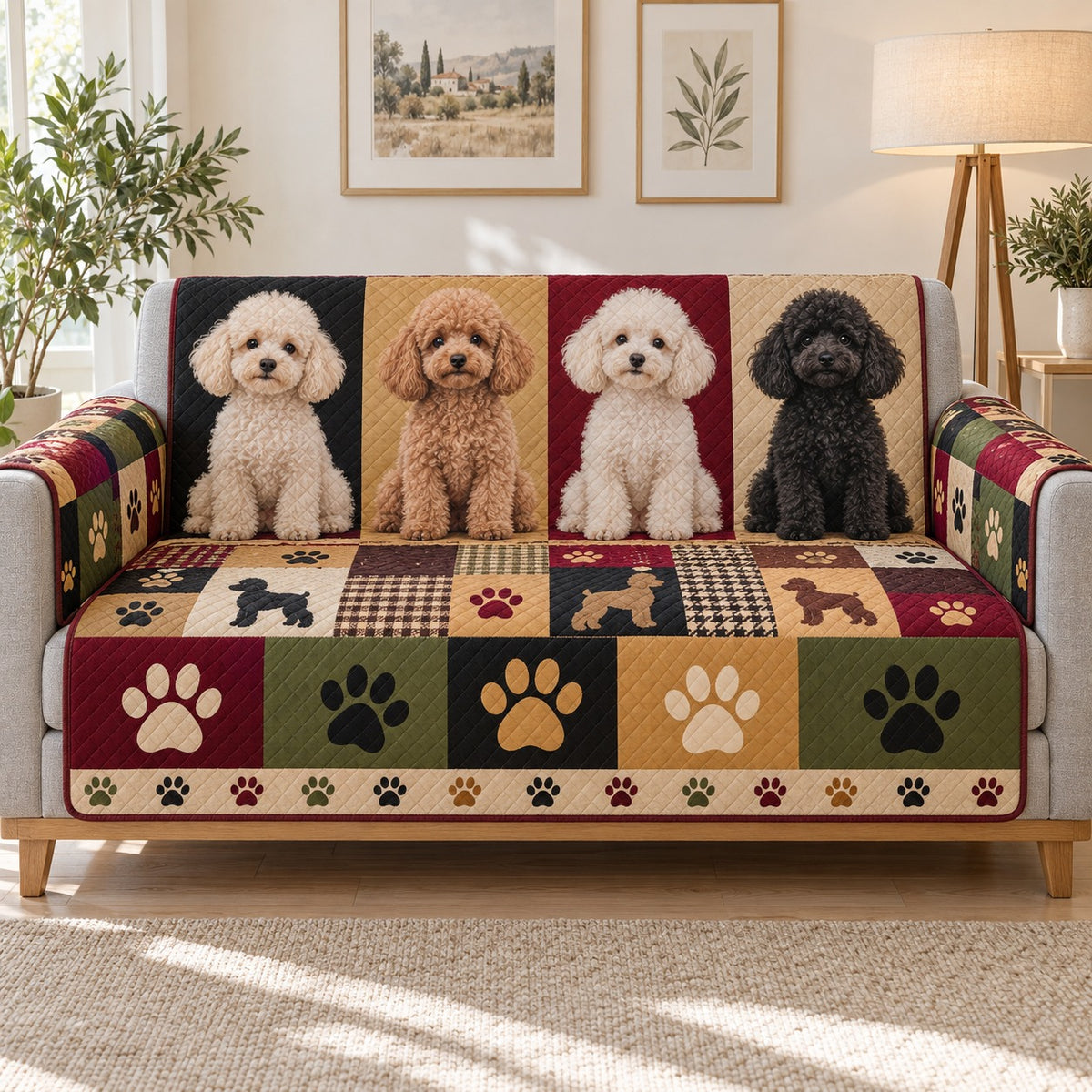 Poodle portrait and paw print patchwork quilted sofa cover on a couch, AI-generated product mockup