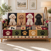 Poodle portrait and paw print patchwork quilted sofa cover on a couch, AI-generated product mockup