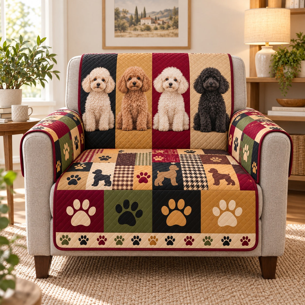Poodle portrait and paw print patchwork quilted sofa cover on an armchair, AI-generated product mockup