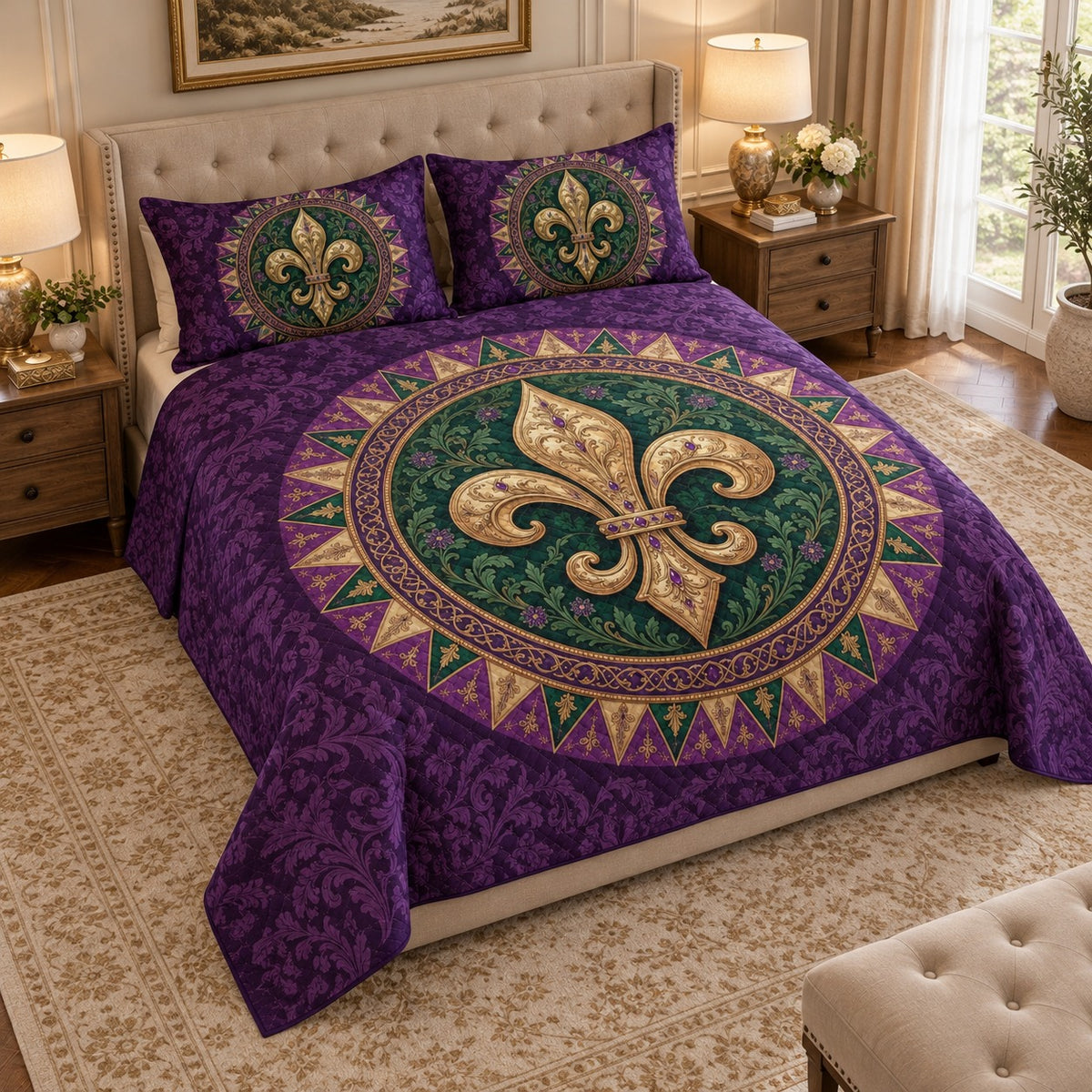 Purple Fleur-de-Lis Quilt Set mockup 2