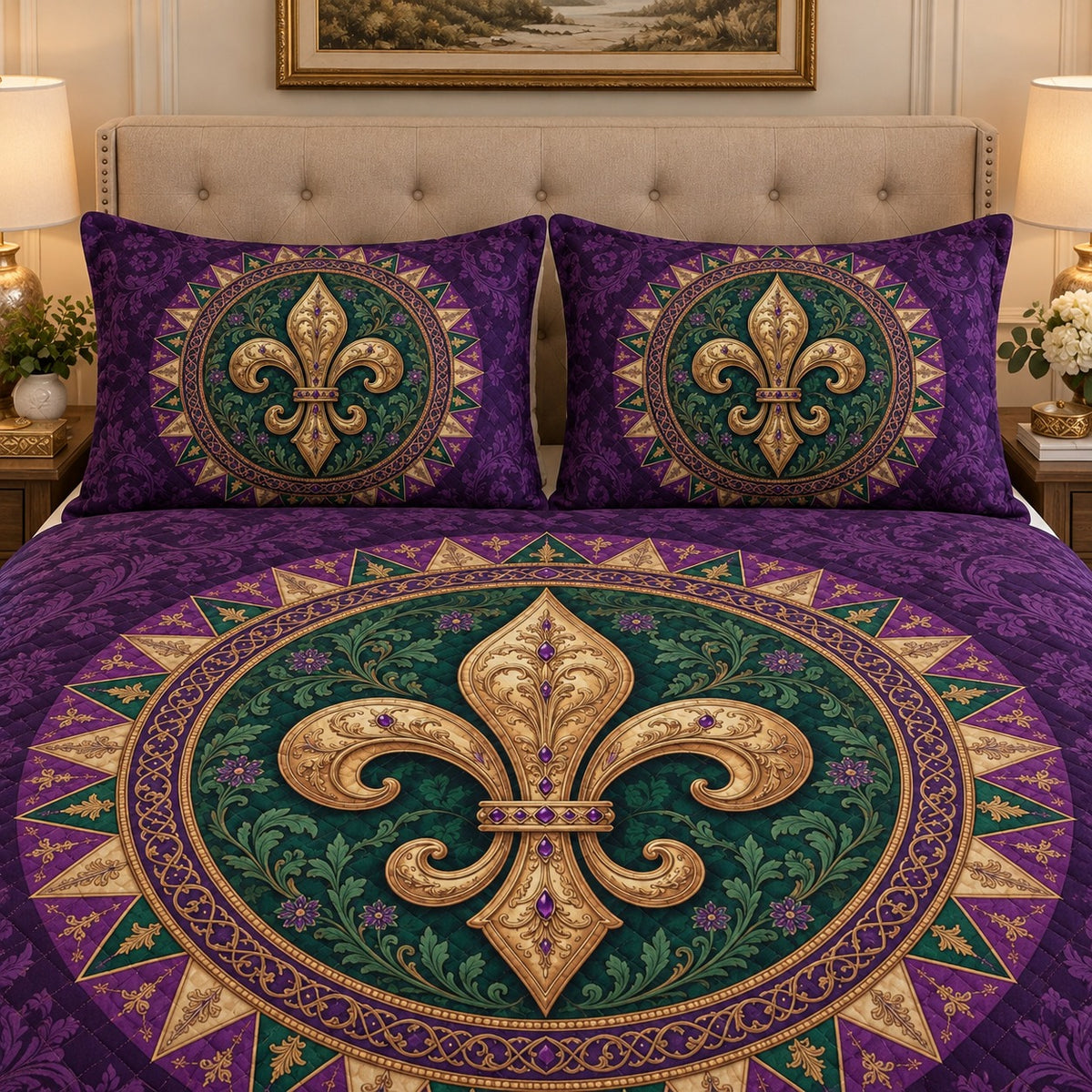 Purple Fleur-de-Lis Quilt Set mockup 3