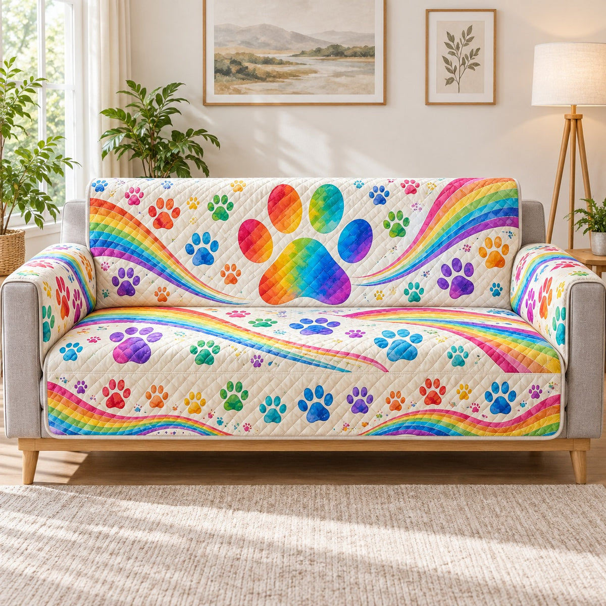 Rainbow paw prints and colorful waves quilted sofa cover on a couch, AI-generated product mockup