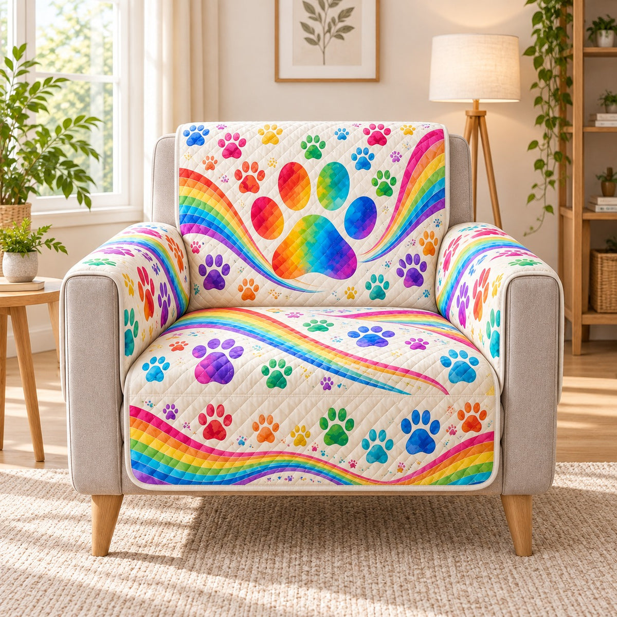 Rainbow paw prints and colorful waves quilted sofa cover on an armchair, AI-generated product mockup