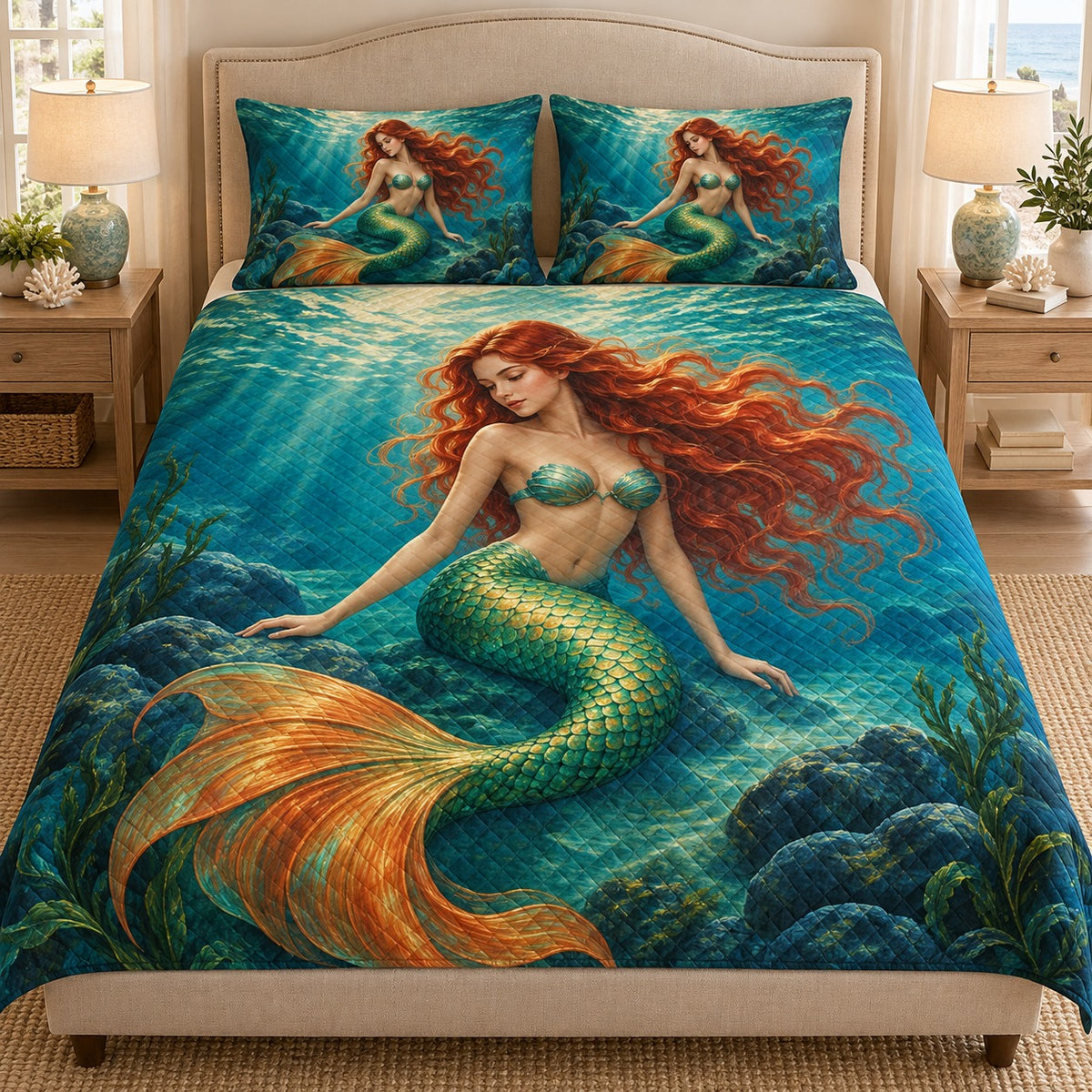 Red-Haired Mermaid Quilt Set mockup 1