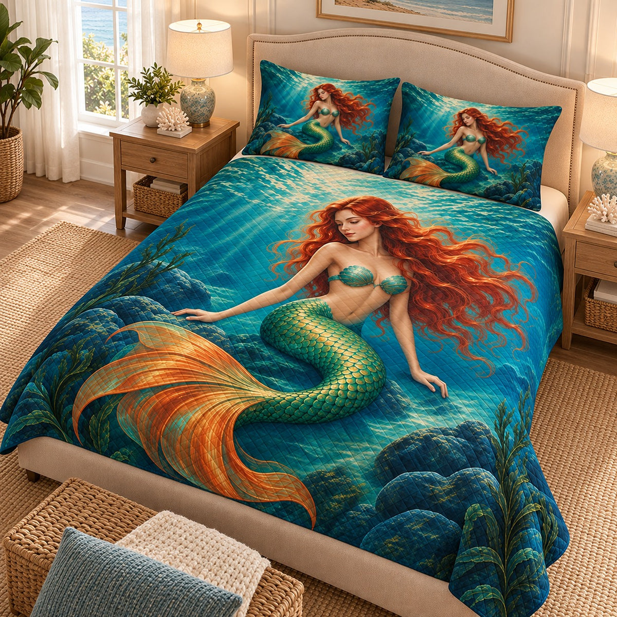 Red-Haired Mermaid Quilt Set mockup 2