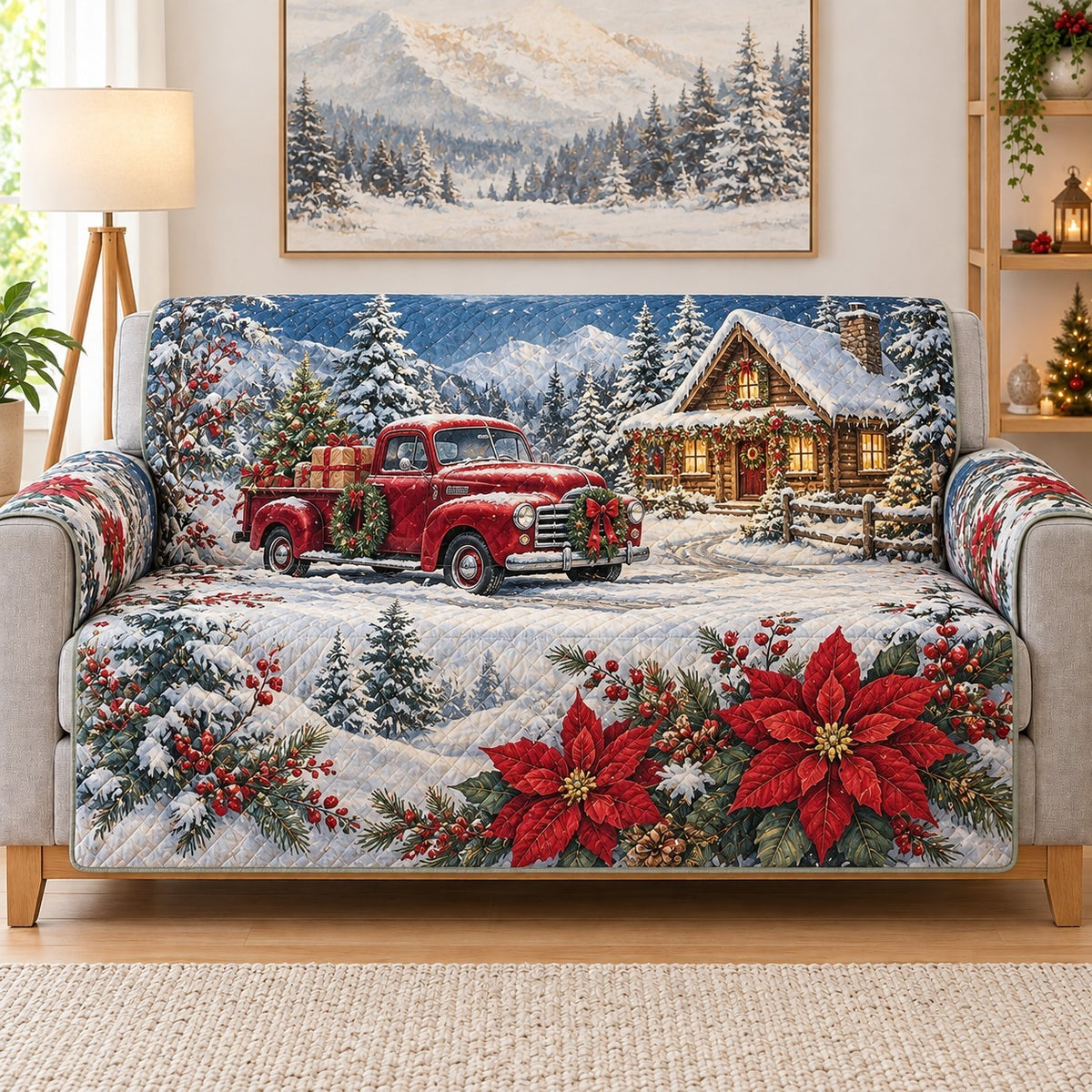 Red Truck Winter Sofa Cover, Rustic Christmas Couch Protector Gift