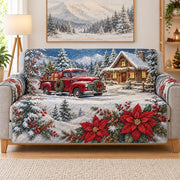 Red Truck Winter Sofa Cover, Rustic Christmas Couch Protector Gift
