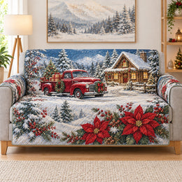 Red Truck Winter Sofa Cover, Rustic Christmas Couch Protector Gift