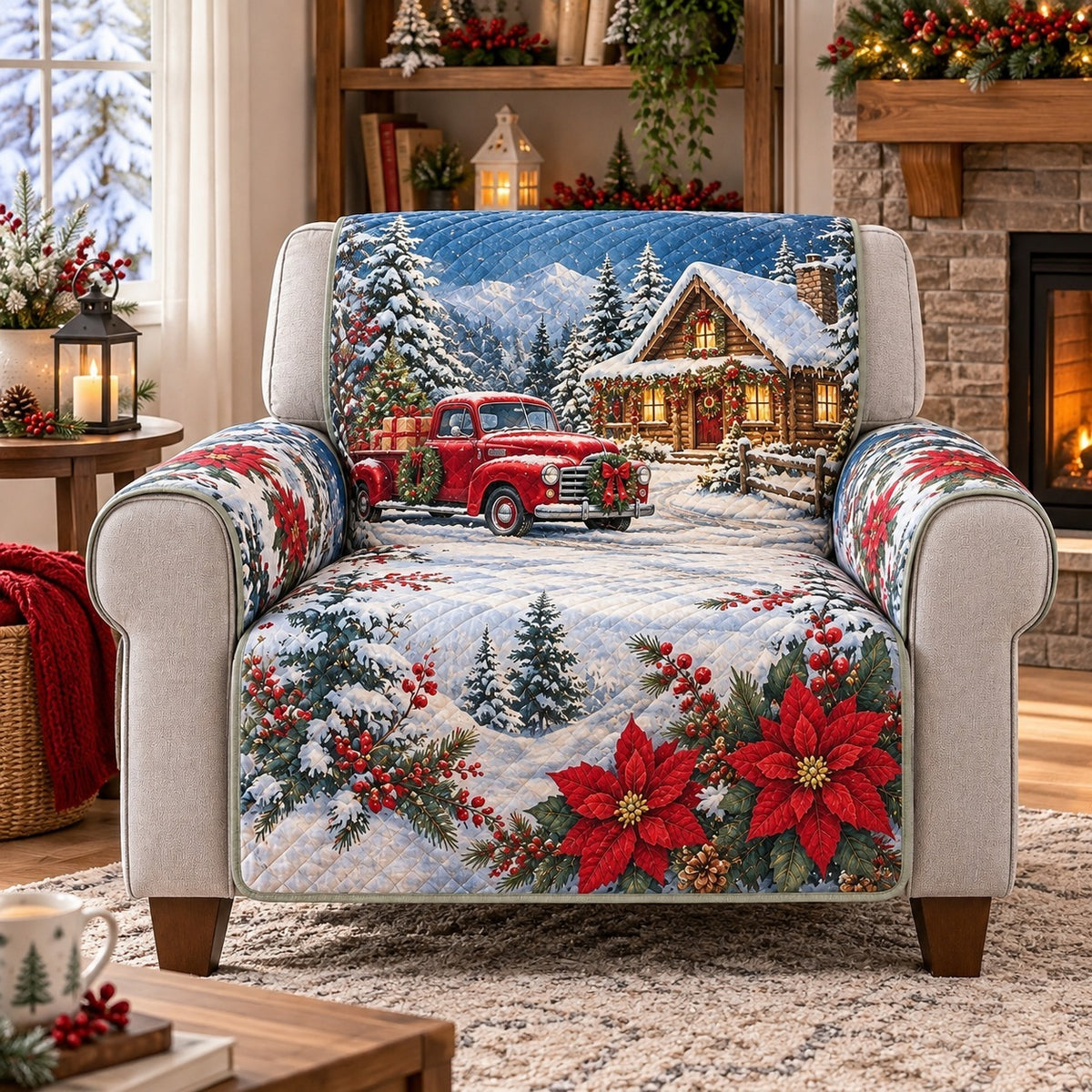 Red Truck Winter Sofa Cover, Rustic Christmas Couch Protector Gift