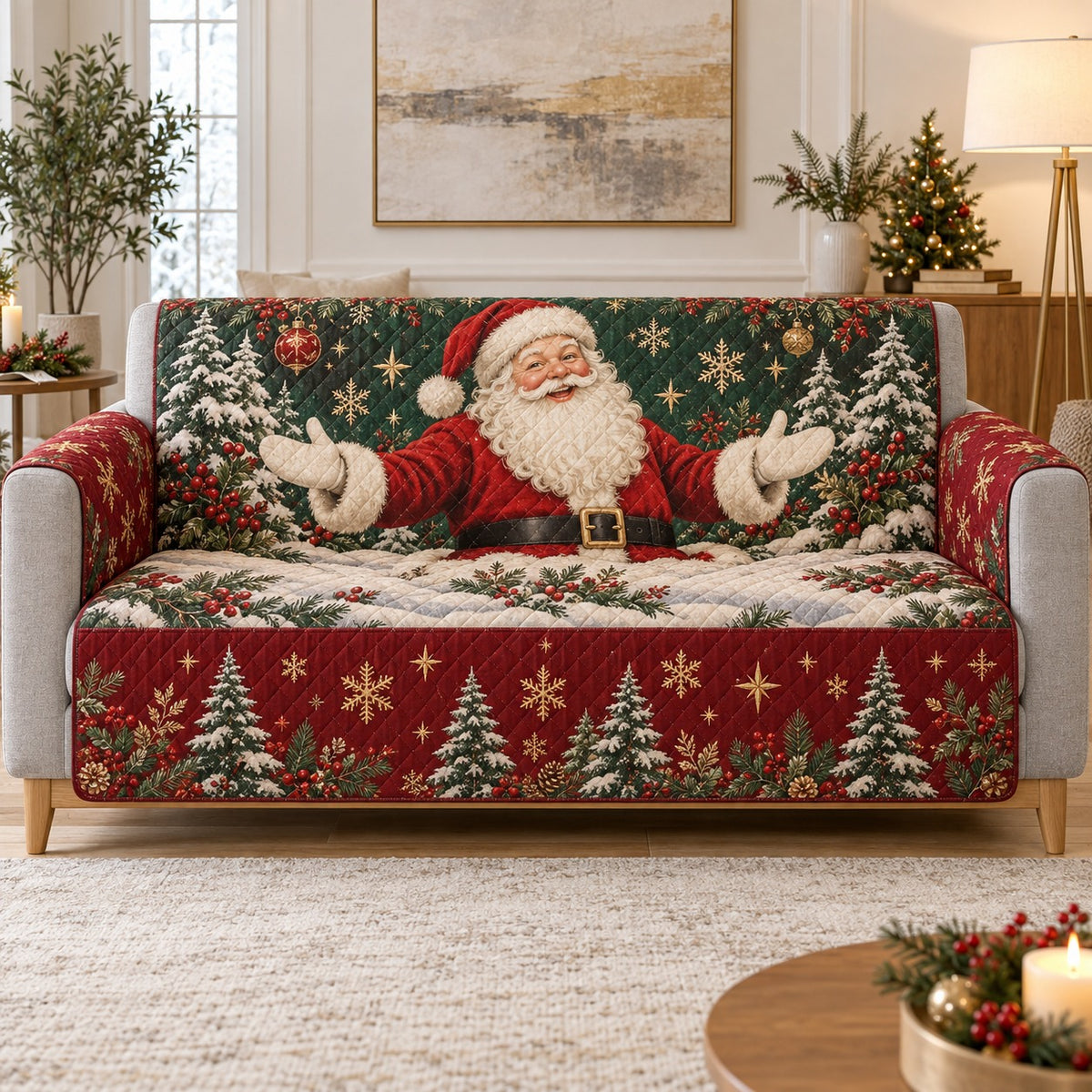 Santa Christmas Sofa Cover, Festive Holiday Couch Protector Gift