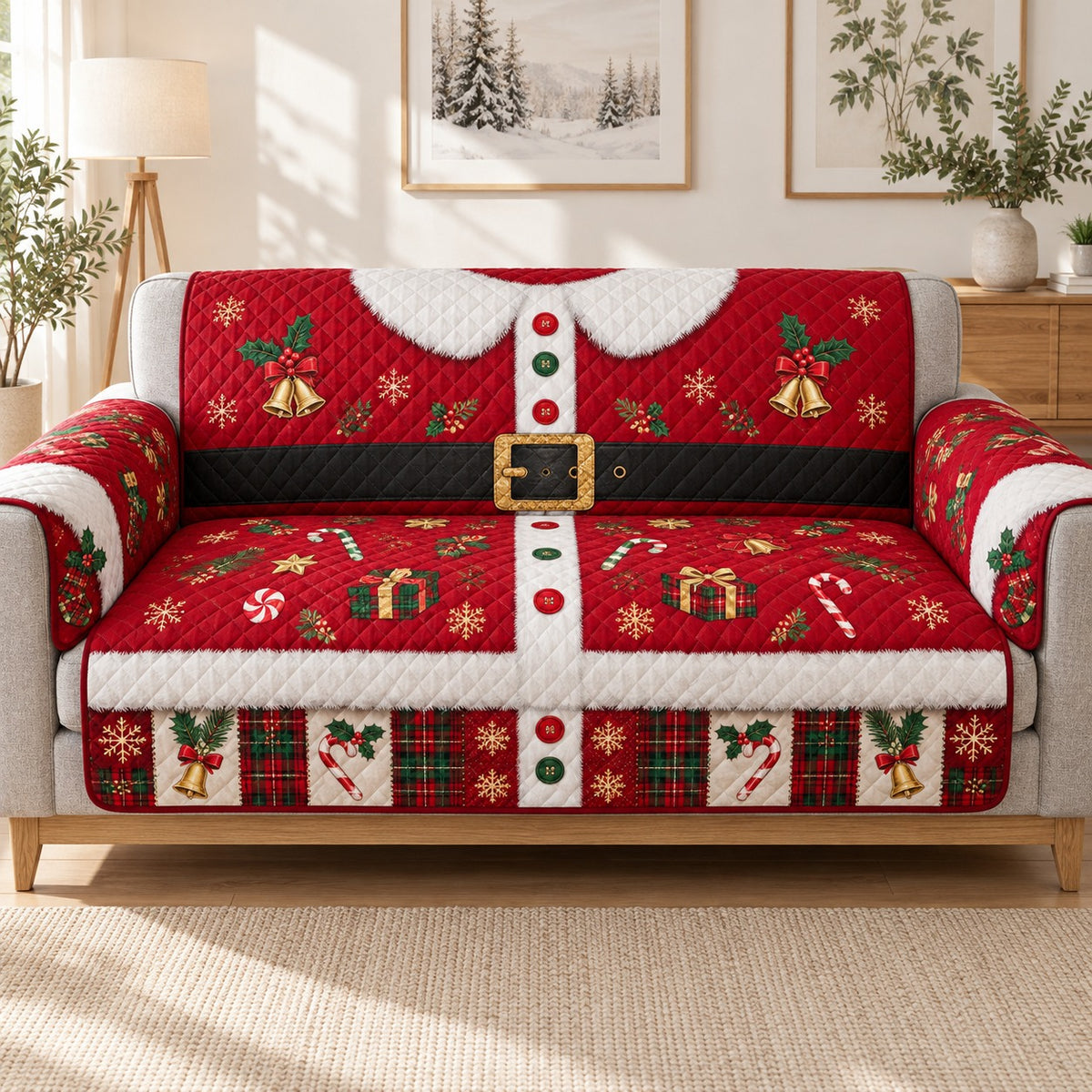 Santa suit red Christmas patchwork quilted sofa cover on a couch, AI-generated product mockup