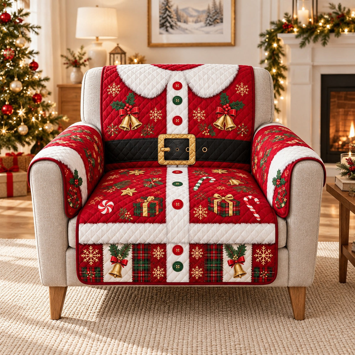 Santa suit red Christmas patchwork quilted sofa cover on an armchair, AI-generated product mockup