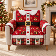 Santa suit red Christmas patchwork quilted sofa cover on an armchair, AI-generated product mockup