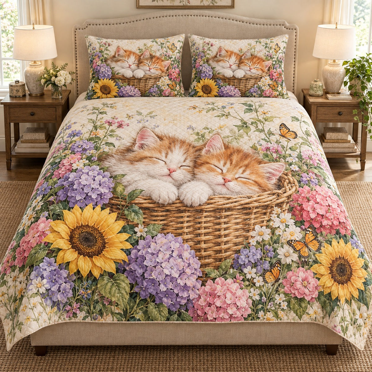 Sleeping Kittens Garden Quilt Set mockup 1