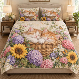 Sleeping Kittens Garden Quilt Set, Floral Cat Lover Bedding Gift