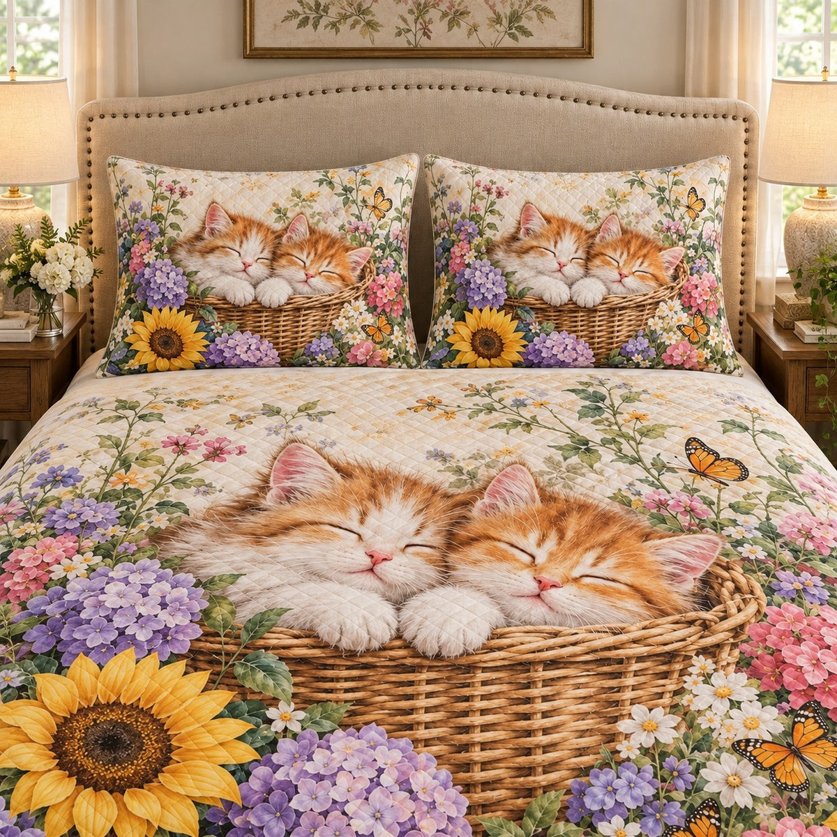 Sleeping Kittens Garden Quilt Set mockup 3