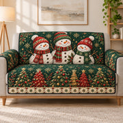 Snowman family and Christmas tree quilted sofa cover on a couch, AI-generated product mockup