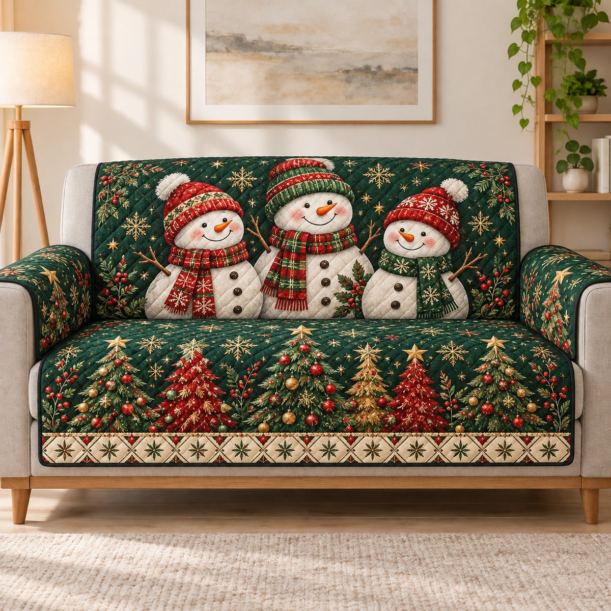 Snowman family and Christmas tree quilted sofa cover on a couch, AI-generated product mockup