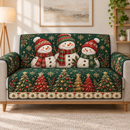 Snowman Family Christmas Sofa Cover, Festive Couch Protector Holiday Gift