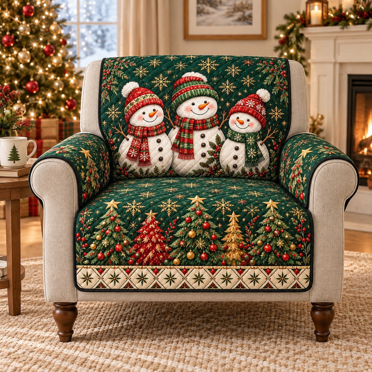 Festive snowman family quilted sofa cover on an armchair, AI-generated product mockup